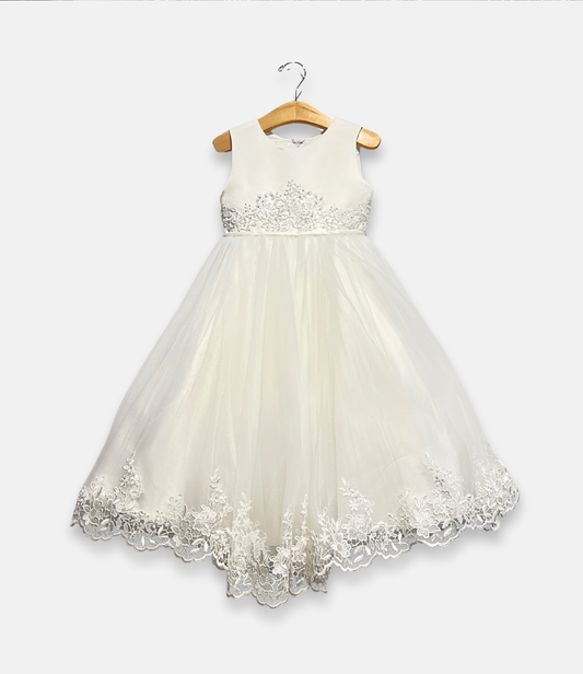 ivory lace flower girl dress, ivory tulle flower girl gown, boutique girls special occasion dress, ivory lace formal dress, couture girls dress, ivory embroidered lace gown, boutique flower girl outfit, ivory communion dress, Expressions Boutique NY, special occasion kids fashion