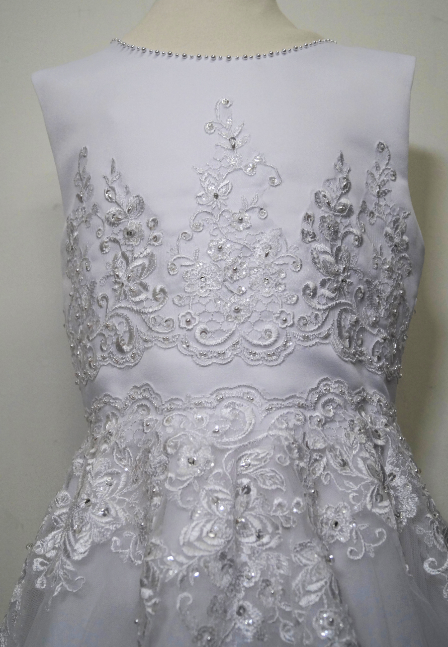 white beaded lace bodice communion dress Expressions Boutique NY, satin and tulle first communion gown, girls beaded white communion dress, elegant lace communion wear Long Island, boutique communion dresses Woodbury NY