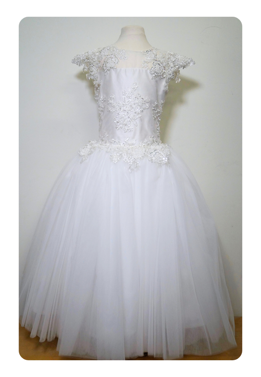 one of a kind communion dress Expressions Boutique NY, silk lace overlay communion gown, beaded floral communion dress Woodbury NY, elegant girls first communion dress, handmade lace communion gown Long Island