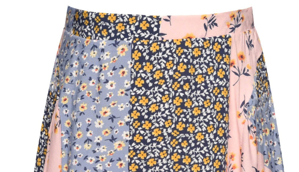 Blue Multi High-Low printed skirt w side elastic insert