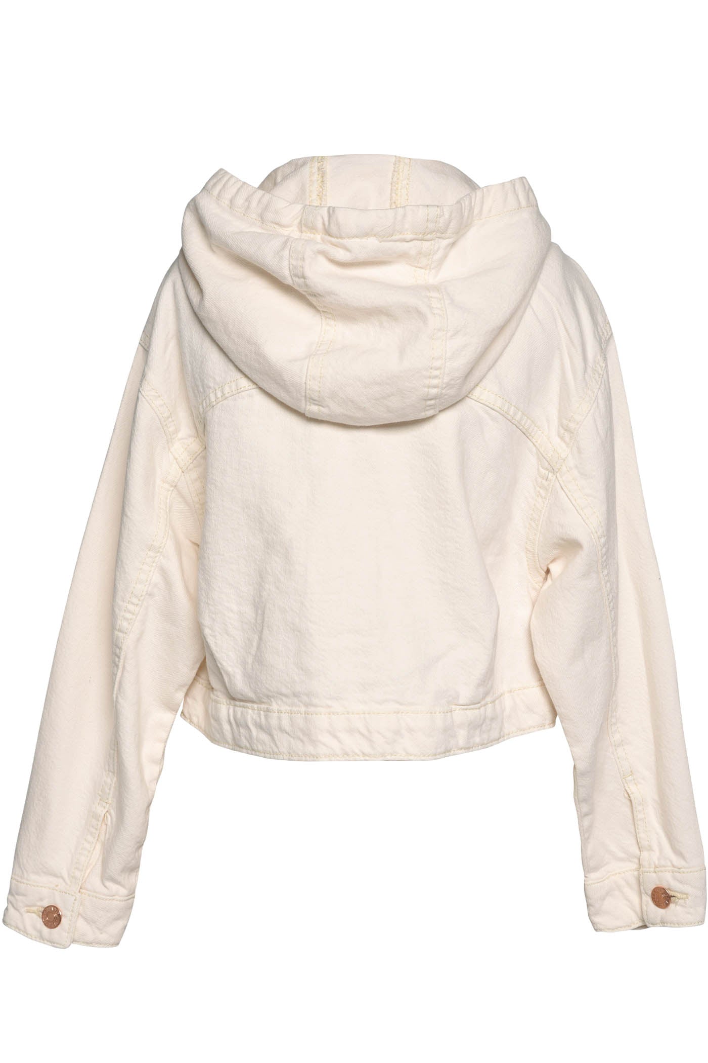 An off-white hooded denim jacket with a front zipper and button closure.