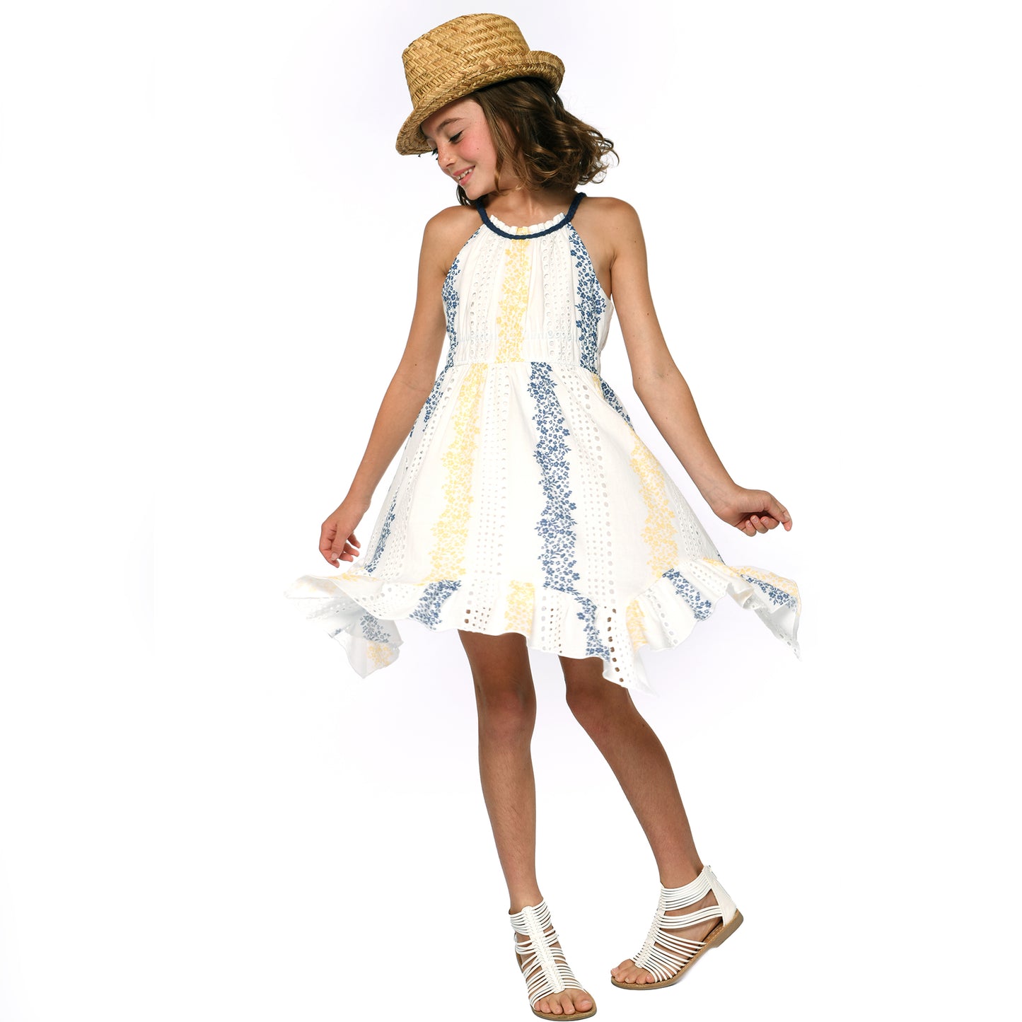 White Multi Printed Eyelet Halter Dress