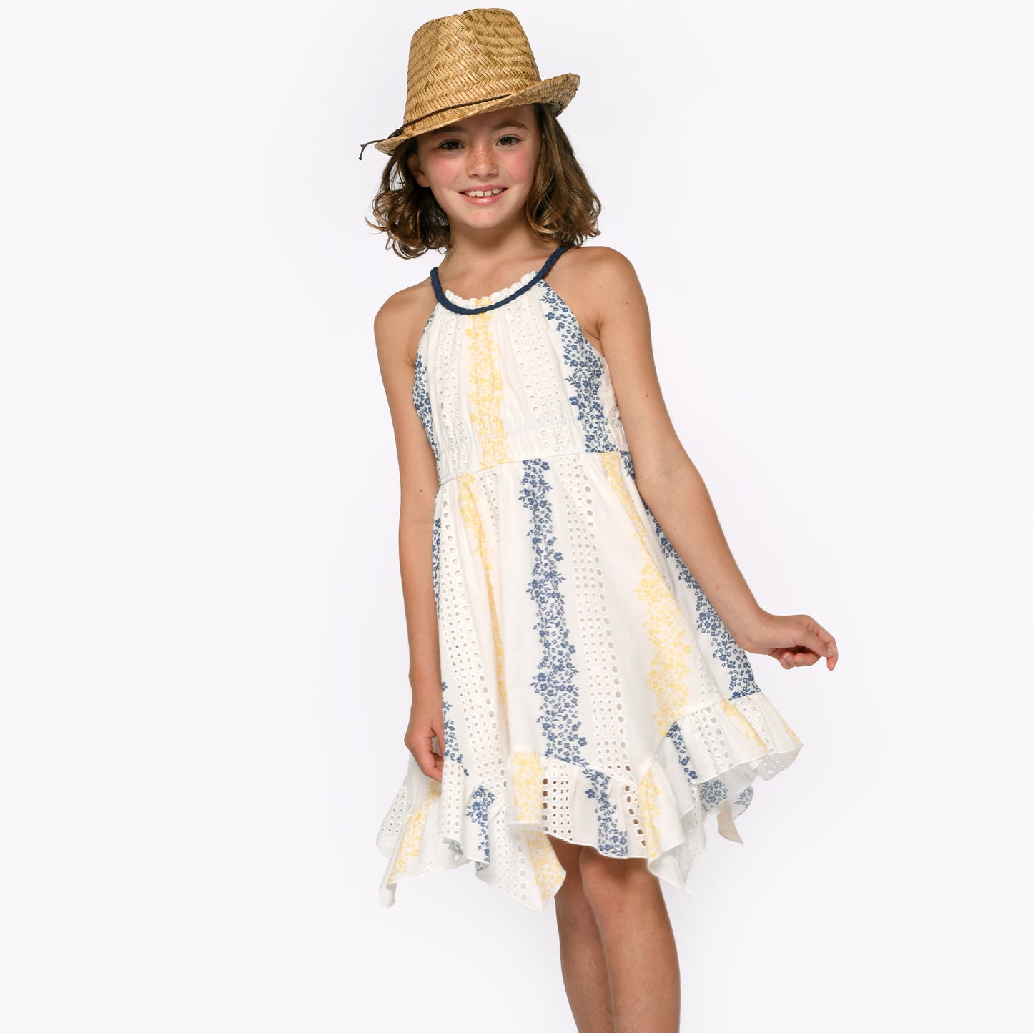 White Multi Printed Eyelet Halter Dress