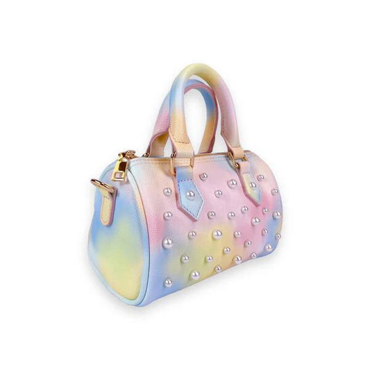 Pearl Studs Leather Barrel Bag