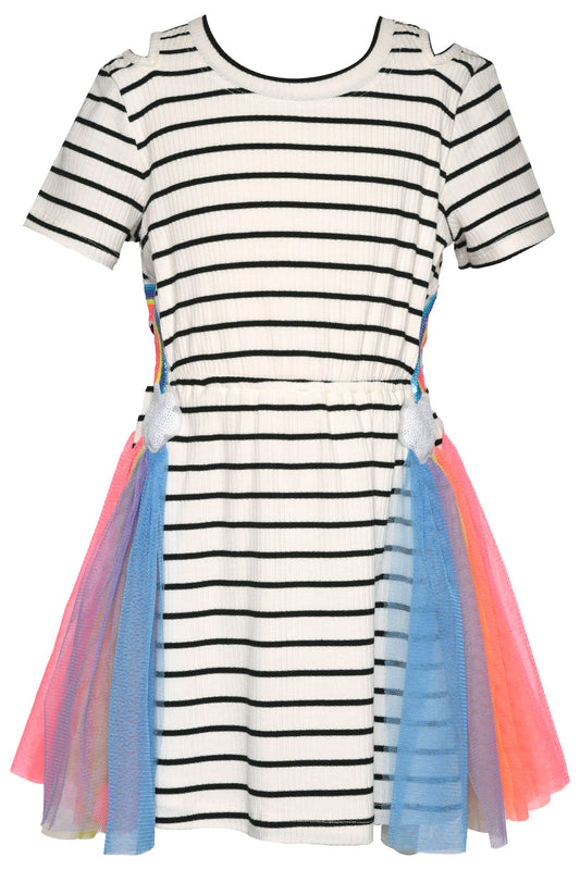 White Multi Stripe Dress w Side Rainbow Detail