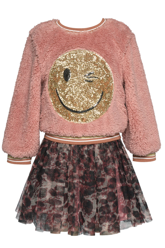 2pc Pink Smiley Face Sweater w Tulle Skirt