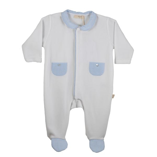 White Velour Footie w Blue Check Pocket with Hat