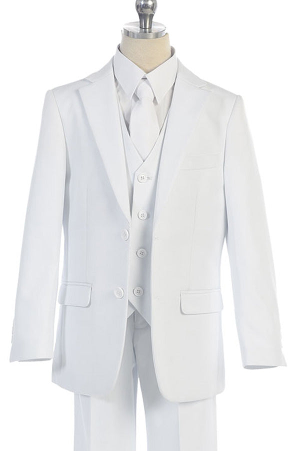 boys white communion suit Expressions Boutique NY, 5-piece boys suit Woodbury NY, cotton blend formal outfit, boys wedding suit Long Island, classic boys communion attire, boutique boys dresswear