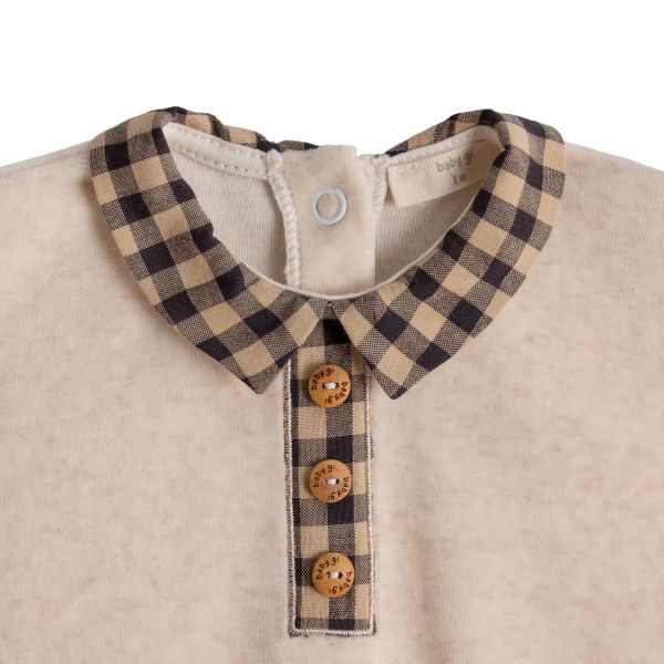 boutique baby velour footie set Expressions Boutique NY, camel velour baby outfit with hat, neutral gender newborn take home outfit, checkered collar baby jumpsuit soft cozy, luxury baby sleepwear gift set