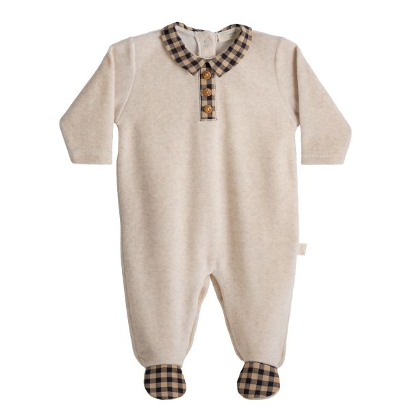 boutique baby velour footie set Expressions Boutique NY, camel velour baby outfit with hat, neutral gender newborn take home outfit, checkered collar baby jumpsuit soft cozy, luxury baby sleepwear gift set