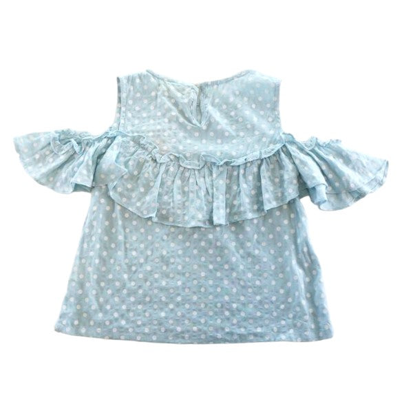 Blue Polka Dot Cold Shoulder Top with Front Ruffle