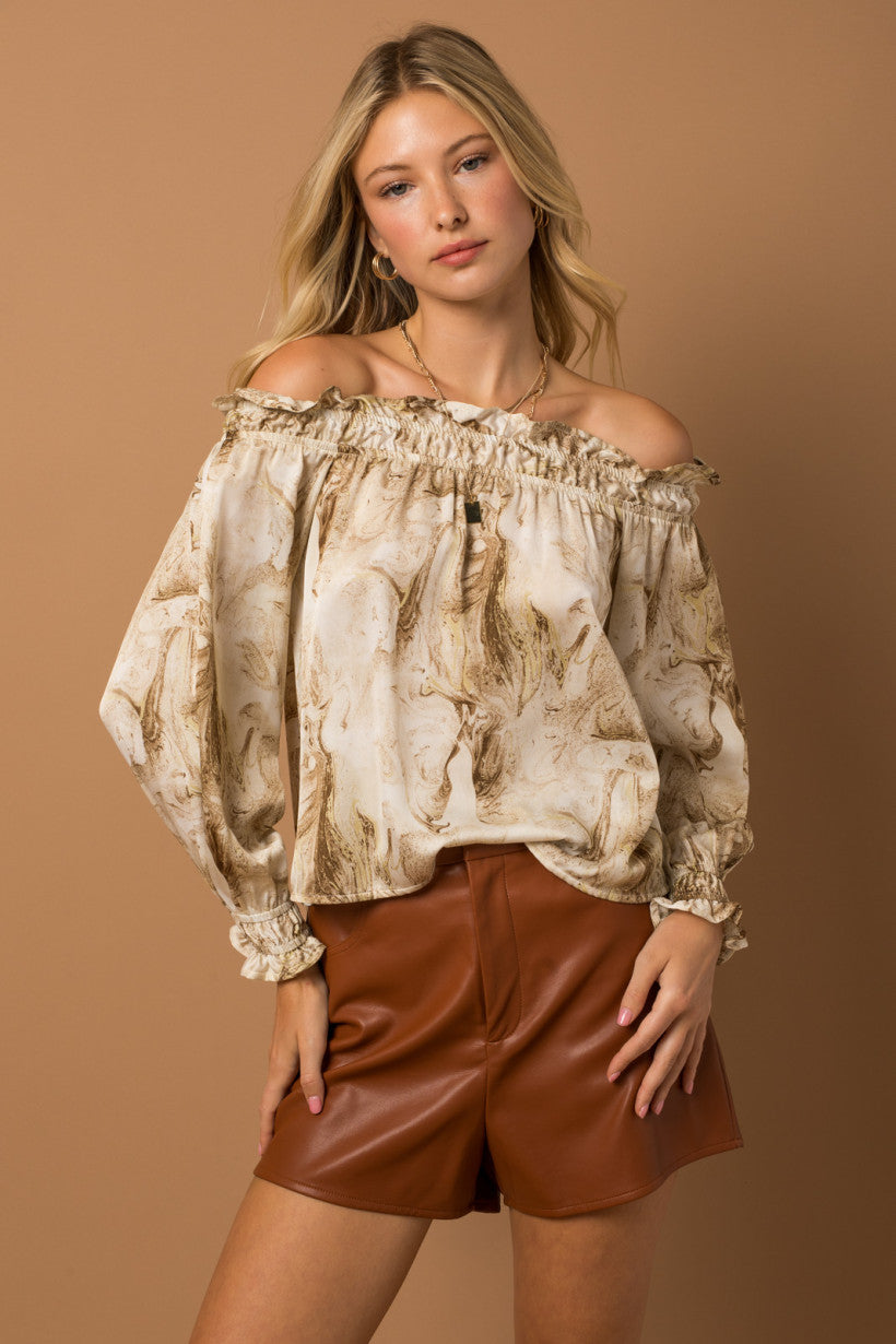 Cream Taupe Marble Print Off Shoulder Top