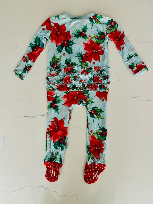 Posh Peanut-Light Patel Blue Poinsettia Zippered One Piece-Baby Girls’ Christmas & Holiday Pajamas