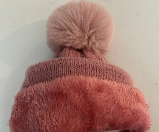 Blush Knit Winter Hat with Faux Fur Pom Pom - Women’s Cozy Cold Weather Hat