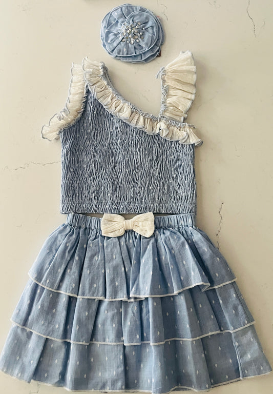 3pc Meghan Sky Blue Skirt 2pc Set w Headband