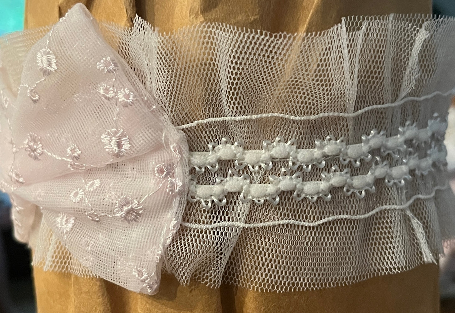 2pc White w Pink Tulle Under Lace Sack Gown w Headband