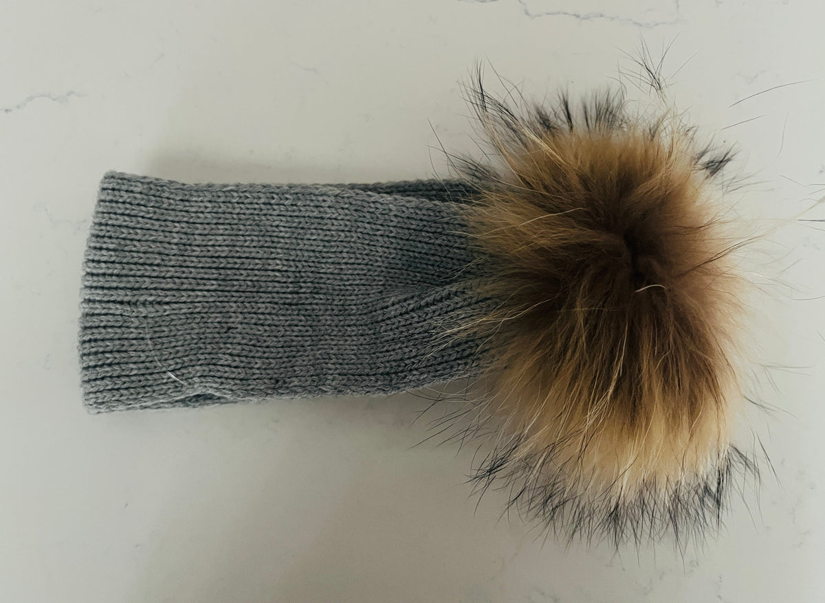 Light Grey Knitted Ear Warmer w Fur Pom Pom - Girls’ Cozy Winter Headband