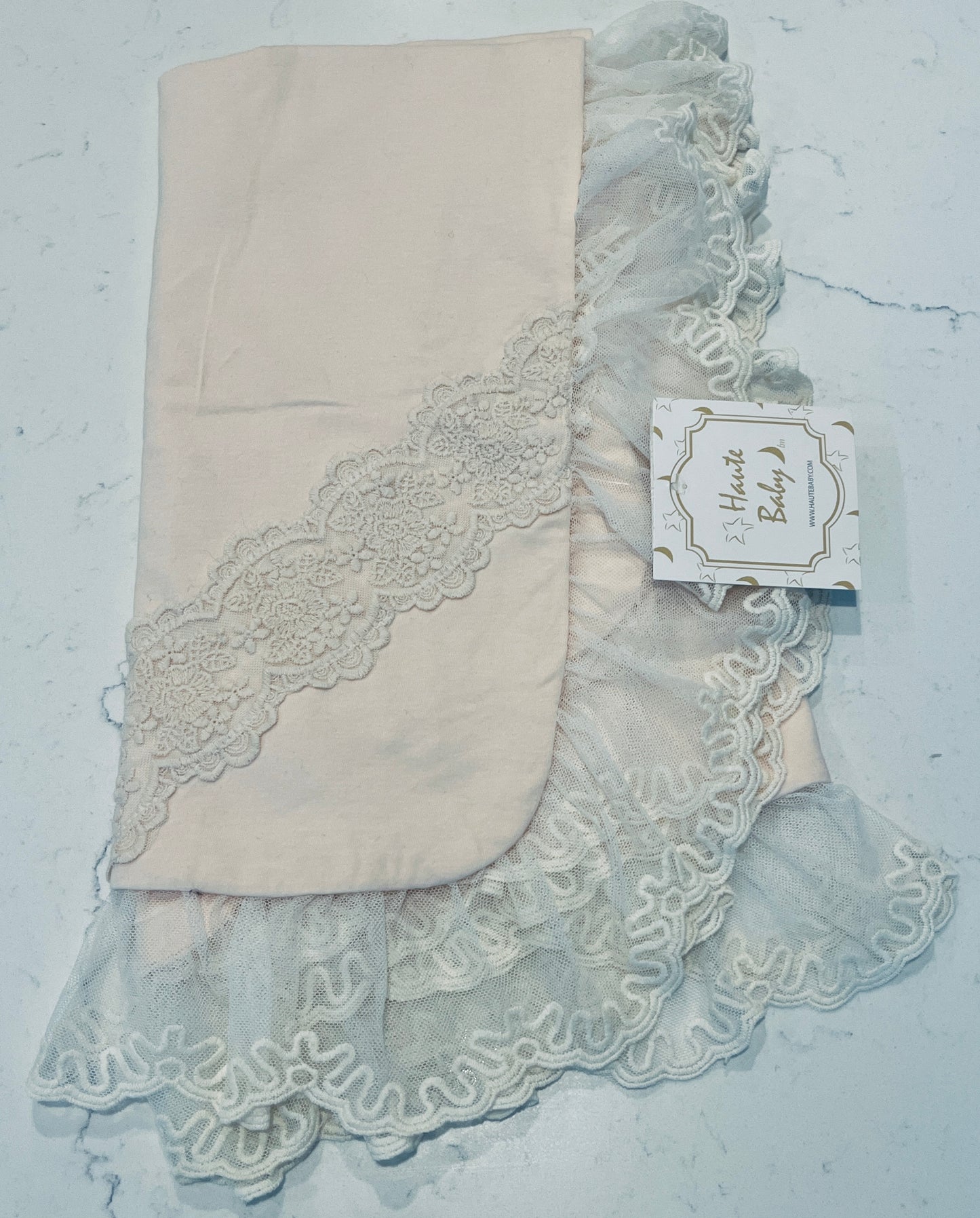 Haute Baby Peach Baby Blanket with Lace Trim