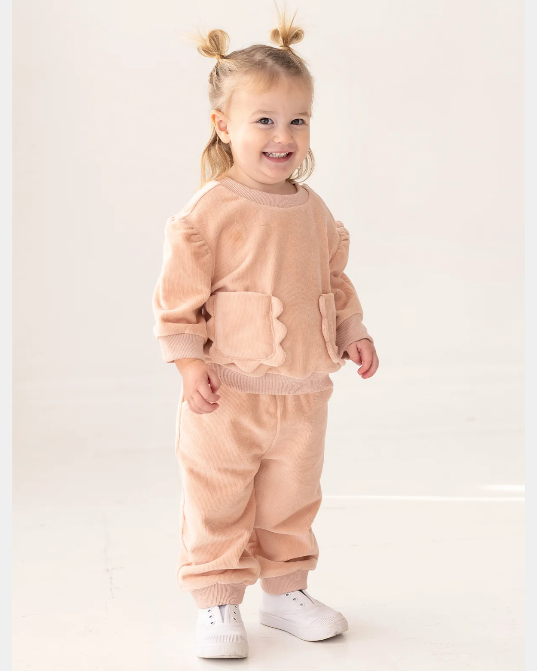 peach baby pant set, boutique toddler outfit, scalloped pocket baby set, girls velour pant set, peach lounge set kids, boutique infant clothing, soft baby clothes set, baby girl jogger set, toddler fall outfit girl, boutique kids fashion peach, back to school, school outfits, pre-k clothing