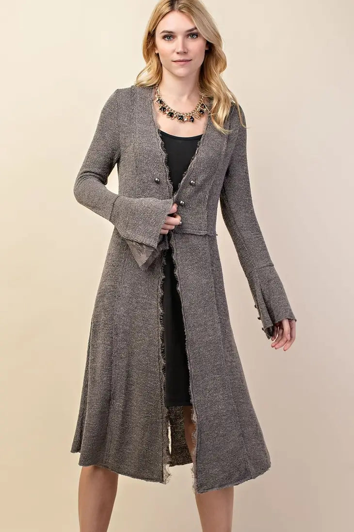 Stone Knit Long Jacket w Buttons & Bell Sleeve