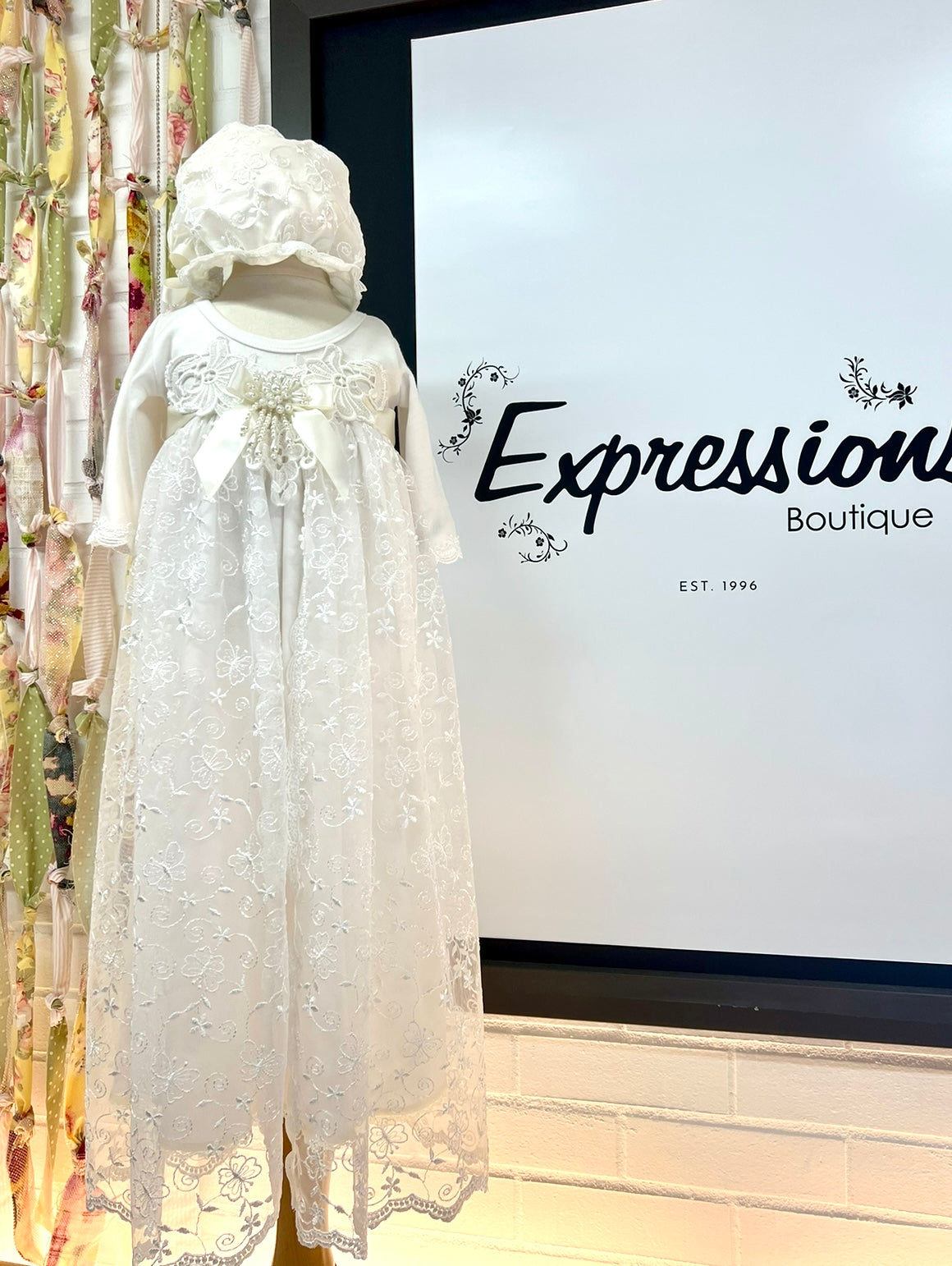 Expressions Boutique NY cotton lace christening gown, baby baptism gown with bonnet, split front lace overlay baptism dress, 100% cotton christening outfit, heirloom baby girl baptism gown, boutique christening wear ivory lace