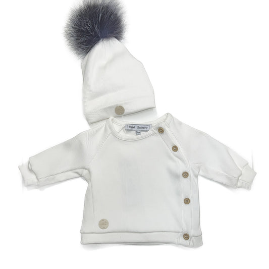 3 pc Set Offwhite/Cream Ribbed Jersey PomPom Hat, Side Button Shirt & Detailed Pant