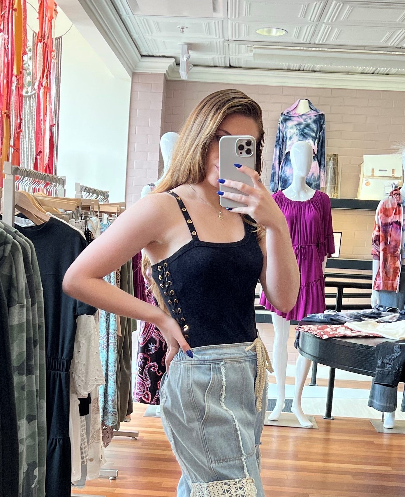 Black Grommet Tank Top w Eyelet Detail