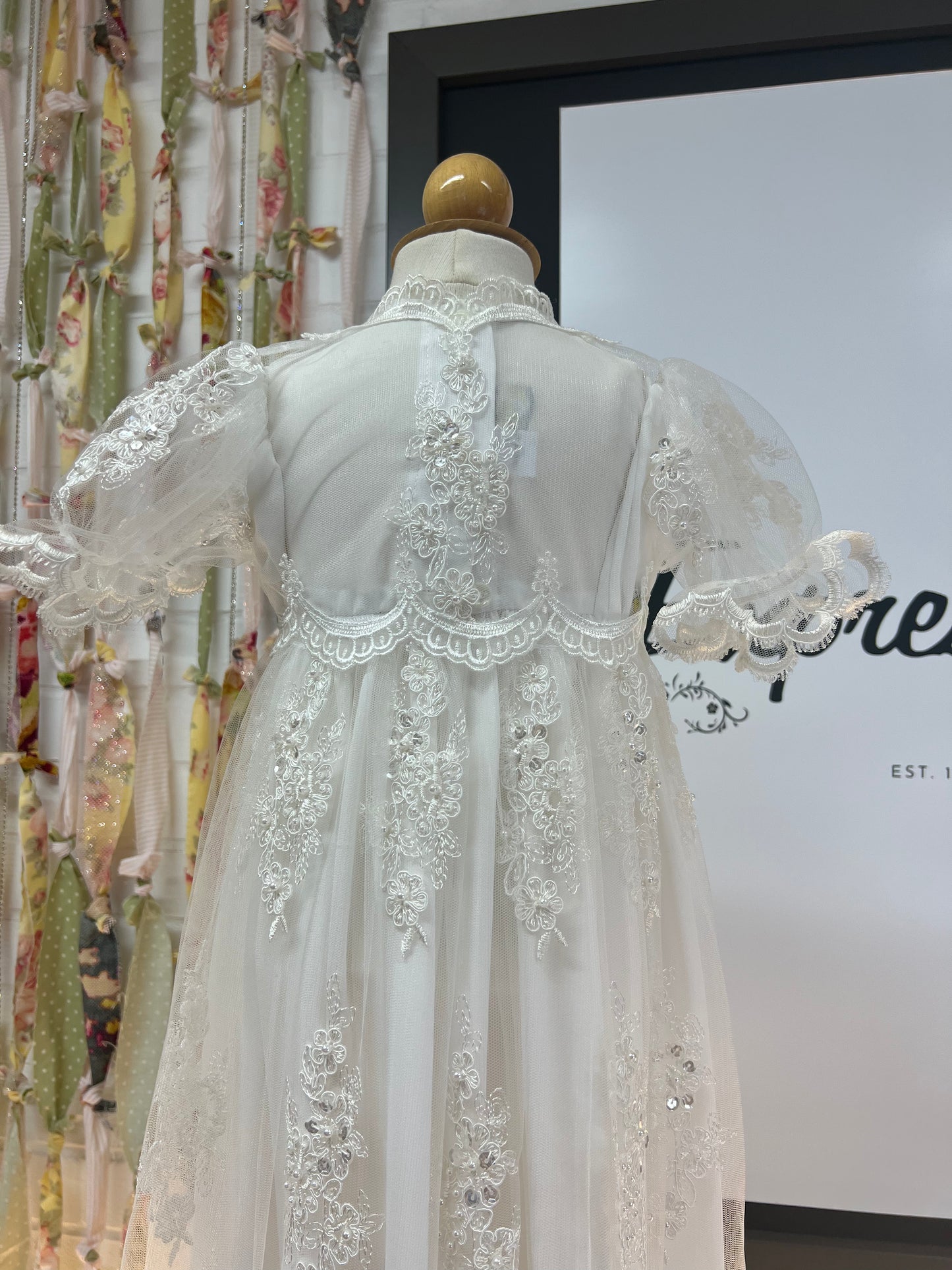 lace christening gown Expressions Boutique NY, pearl and sequin baptism dress, embroidered ivory baptism outfit, baby girl christening gown Woodbury NY, boutique christening wear Long Island, heirloom baptism gown