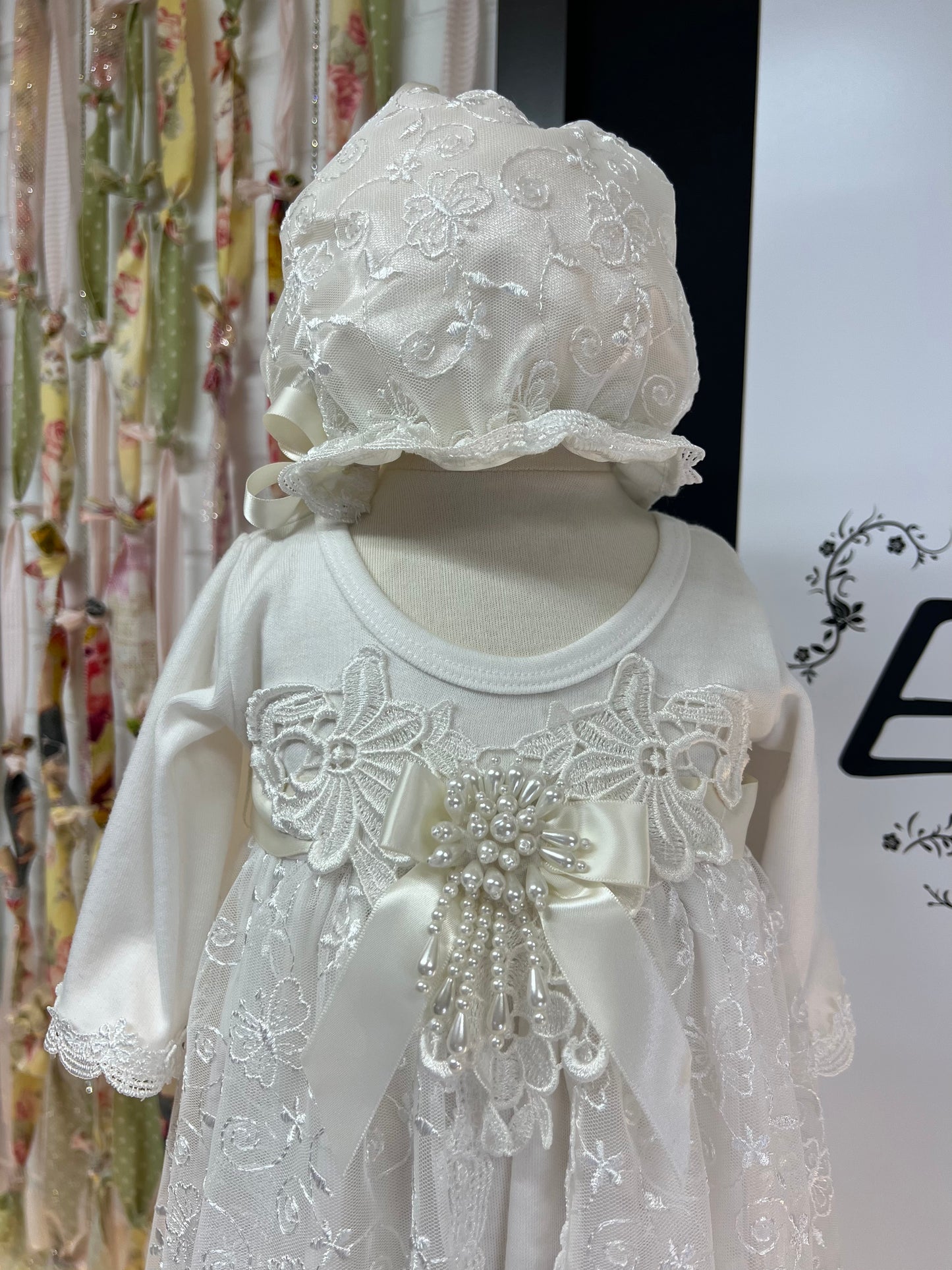 Expressions Boutique NY cotton lace christening gown, baby baptism gown with bonnet, split front lace overlay baptism dress, 100% cotton christening outfit, heirloom baby girl baptism gown, boutique christening wear ivory lace