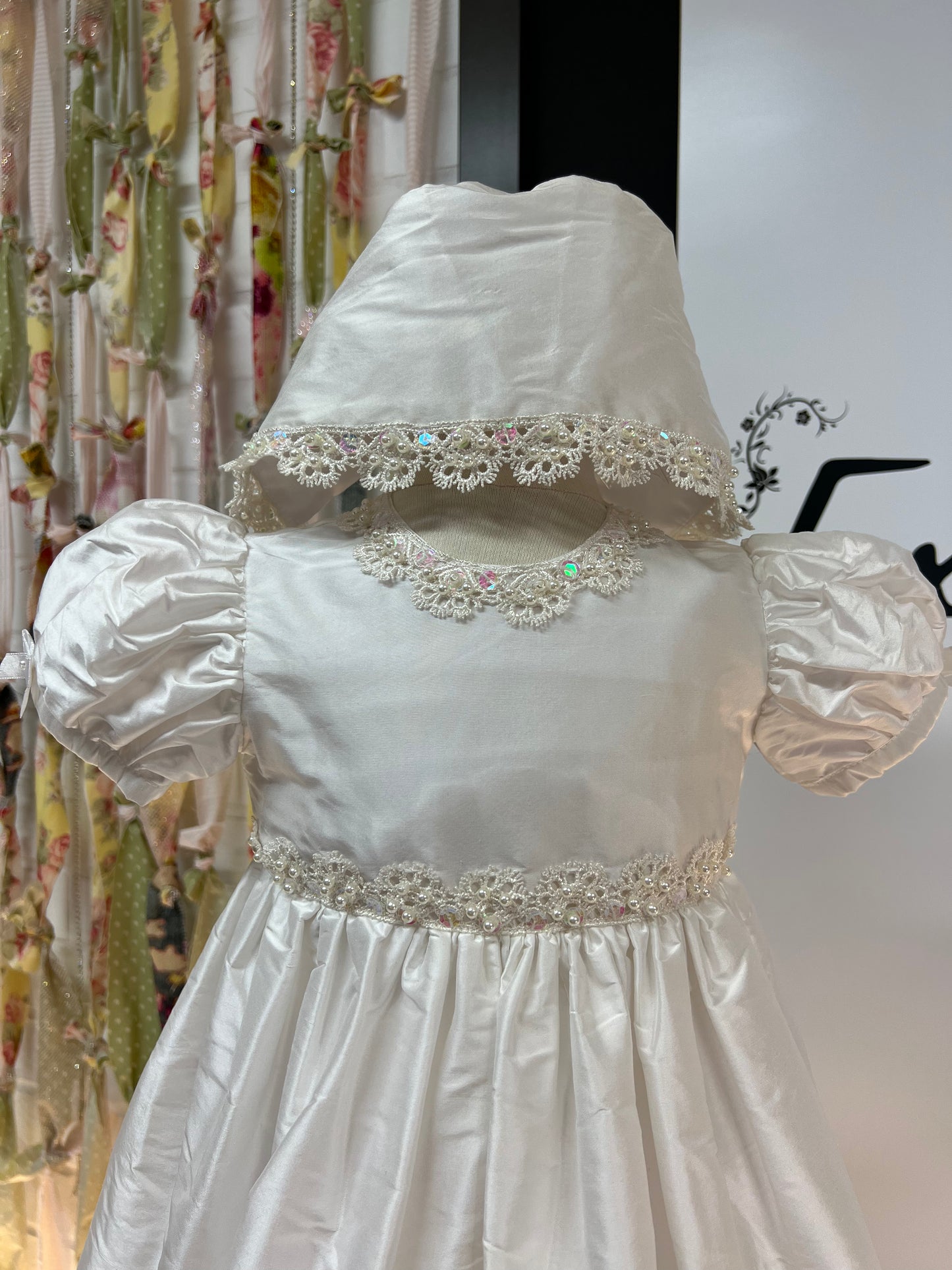 all silk christening gown Expressions Boutique NY, pearl and sequin baptism dress, silk baptism outfit baby girl Woodbury NY, christening gown Long Island boutique, heirloom silk baptism gown, traditional baptism wear