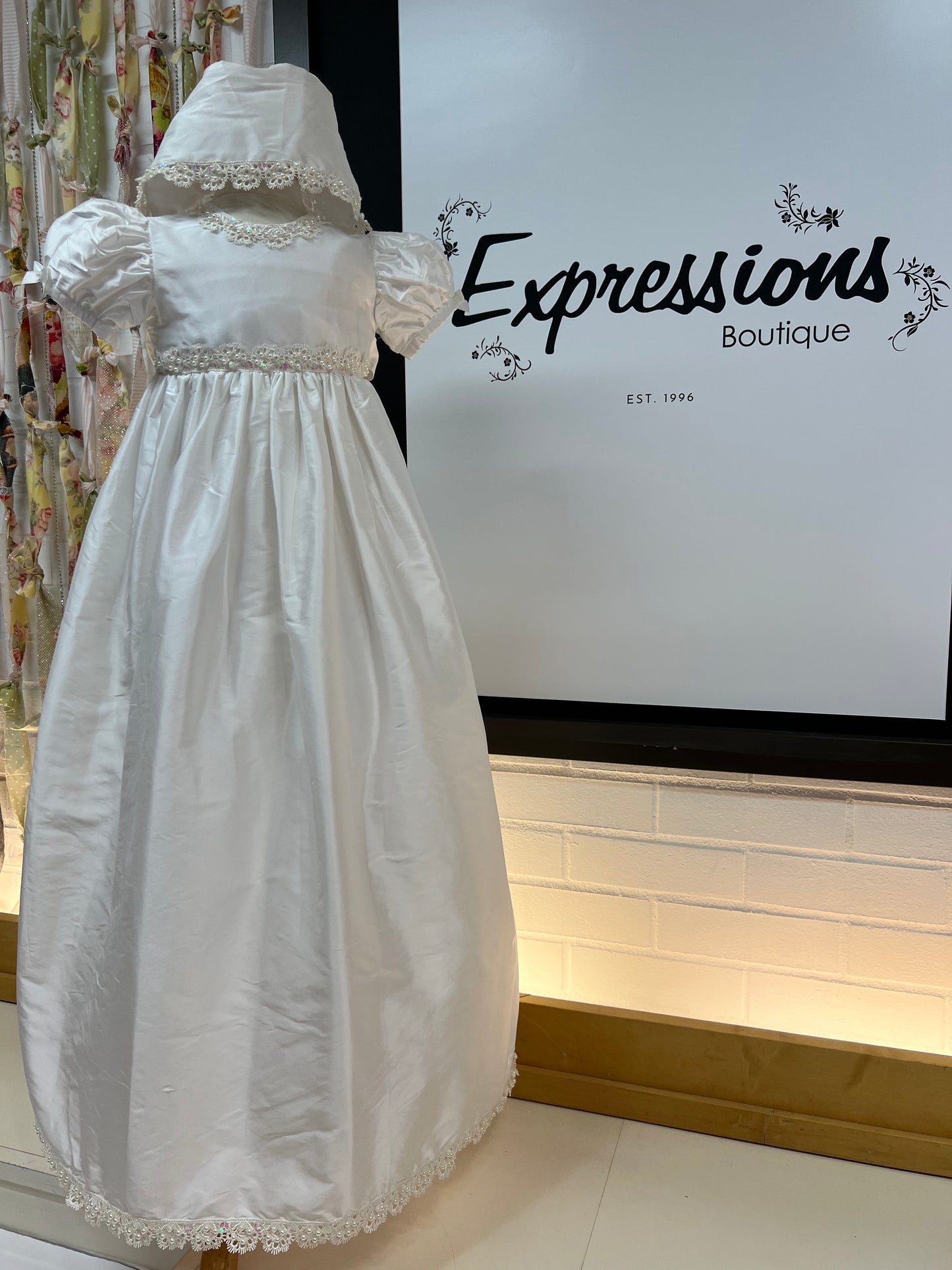 all silk christening gown Expressions Boutique NY, pearl and sequin baptism dress, silk baptism outfit baby girl Woodbury NY, christening gown Long Island boutique, heirloom silk baptism gown, traditional baptism wear