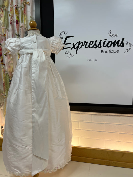 all silk christening gown Expressions Boutique NY, pearl and sequin baptism dress, silk baptism outfit baby girl Woodbury NY, christening gown Long Island boutique, heirloom silk baptism gown, traditional baptism wear