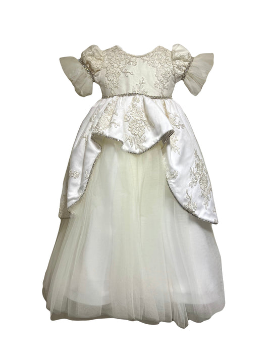 lace christening gown Expressions Boutique NY, silver thread rhinestone baptism dress, embroidered ivory baptism gown, lace bonnet christening outfit, baby girl baptism gown traditional, boutique christening wear heirloom gown