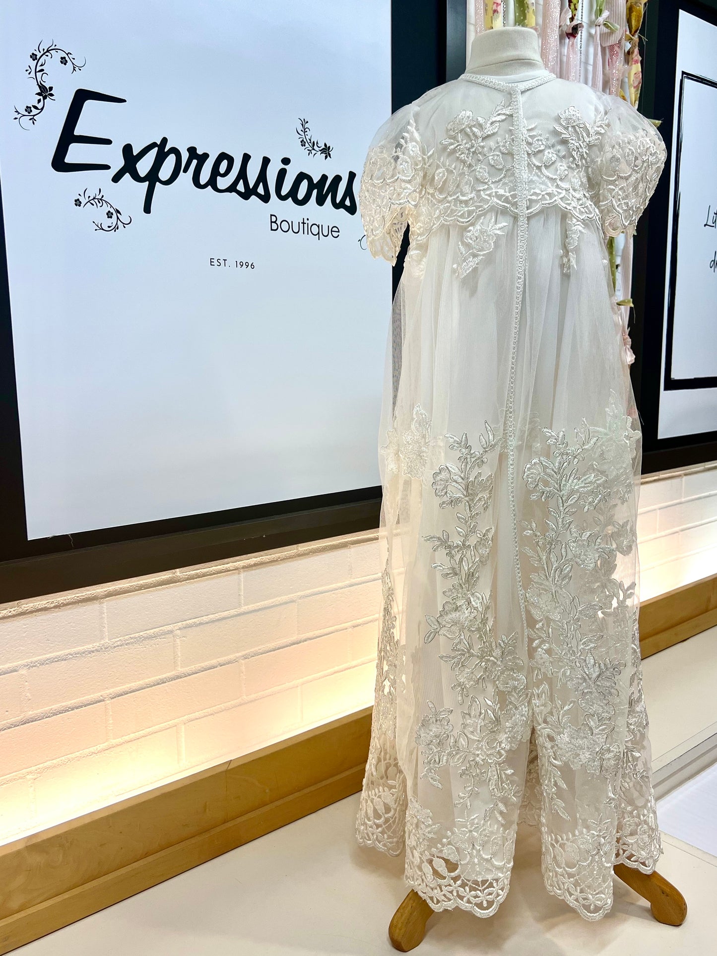 lace christening gown Expressions Boutique NY, silver thread baptism dress, embroidered ivory baptism gown, lace bonnet christening outfit, baby girl baptism gown traditional, boutique christening wear heirloom gown