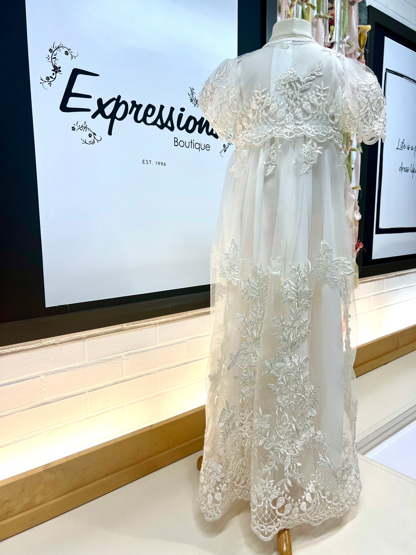 lace christening gown Expressions Boutique NY, silver thread baptism dress, embroidered ivory baptism gown, lace bonnet christening outfit, baby girl baptism gown traditional, boutique christening wear heirloom gown