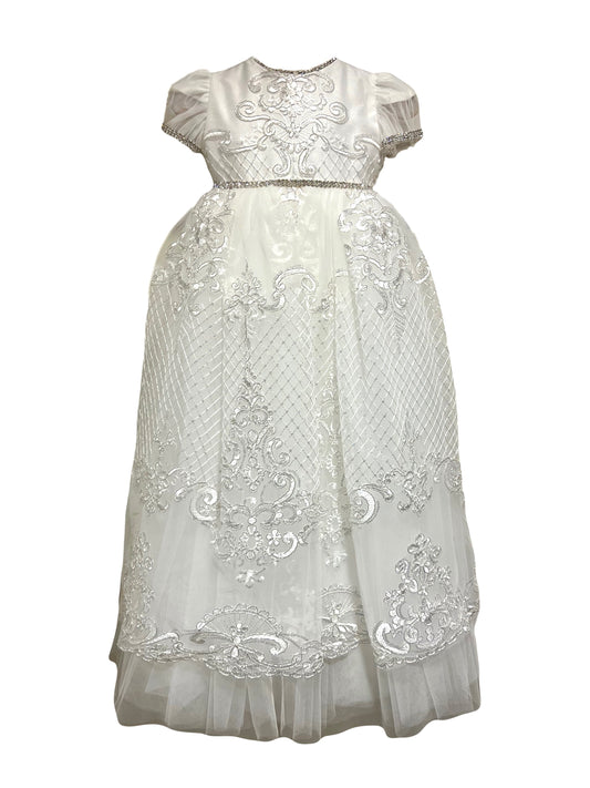 VERA christening gown Expressions Boutique NY, embroidered ivory baptism dress, lace bonnet christening outfit, baby girl baptism gown traditional, boutique christening wear heirloom gown, woodbury, long island