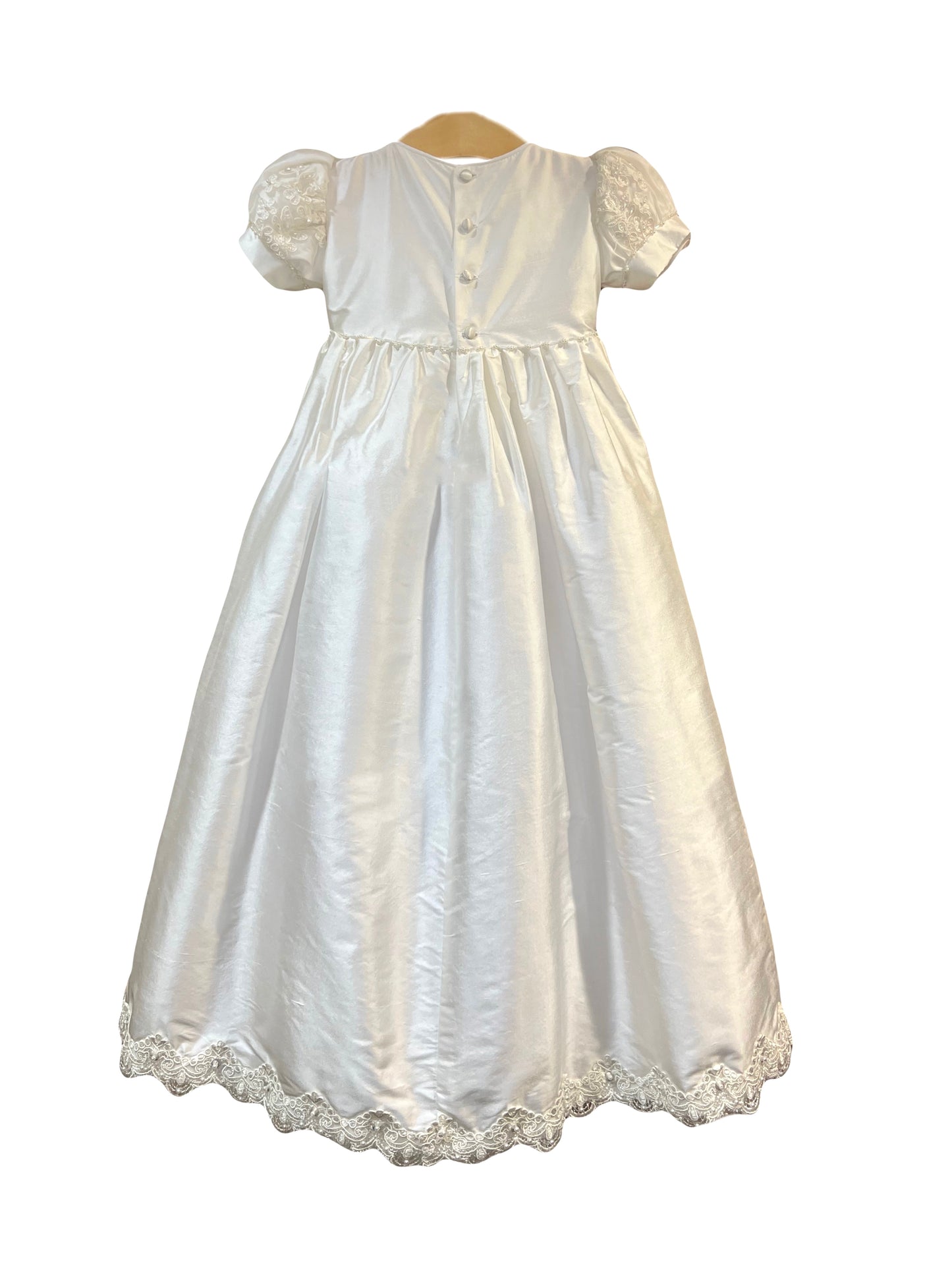 white silk christening gown Expressions Boutique NY, elegant baptism dress Long Island, embroidered silk baptism outfit, baby girl christening gown Woodbury NY, boutique christening wear, heirloom baptism dress