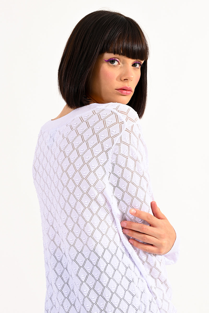 White Diamond Textured Long Sleeve Sweater