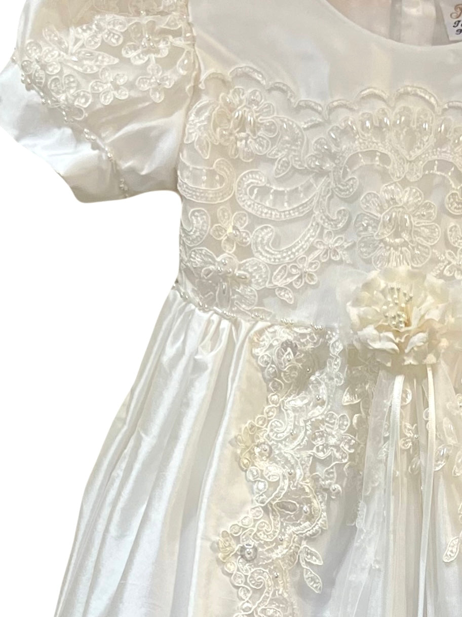 white silk christening gown Expressions Boutique NY, elegant baptism dress Long Island, embroidered silk baptism outfit, baby girl christening gown Woodbury NY, boutique christening wear, heirloom baptism dress