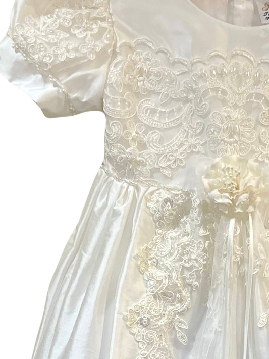 white silk christening gown Expressions Boutique NY, elegant baptism dress Long Island, embroidered silk baptism outfit, baby girl christening gown Woodbury NY, boutique christening wear, heirloom baptism dress