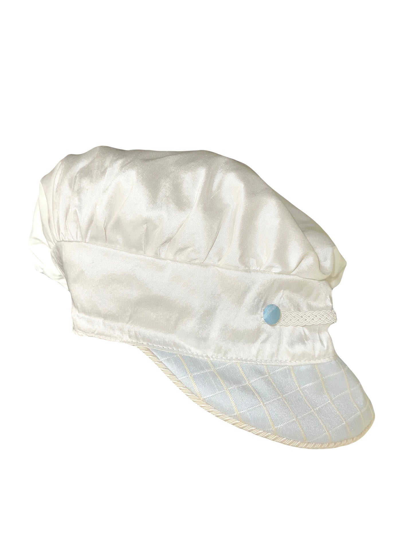 2pc White Silk Checkered Fabric w Light Blue-Knickers w Cabby Hat