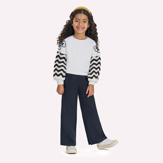 girls boutique 2pc outfit, off-white embroidered top with pants, girls wide-leg black pants set, stylish kids clothing set, girls party outfit boutique, embroidered sleeve top with pants, chic toddler girls outfit, boutique fashion girls clothes, special occasion girls outfit, modern girls boutique set