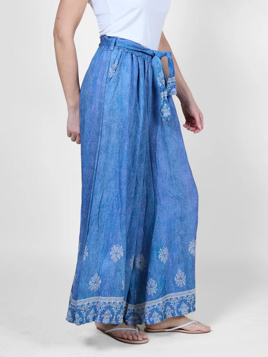 Denim Blue Pull on Border Print Pant