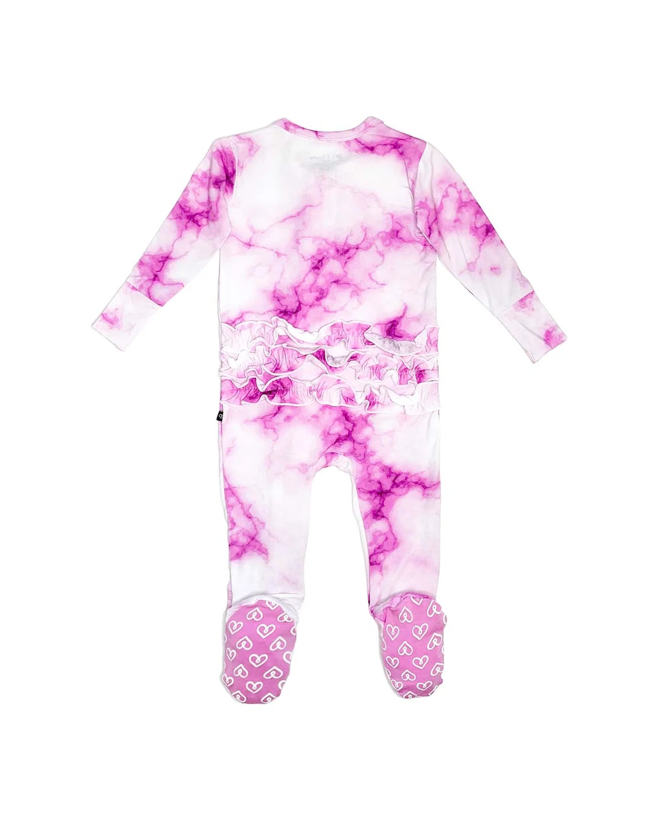 baby girl pink tie dye footie, ruffle zippered baby sleeper, boutique marble print baby pajamas, infant pink ruffle onesie, toddler tie dye zip footie, cozy girl baby outfit boutique
