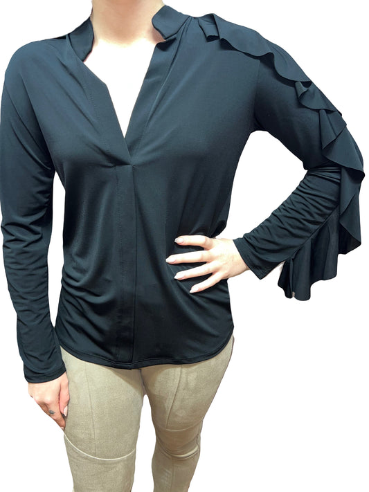 ruffle sleeve top Expressions Boutique NY, long sleeve blouse with v neckline, women’s ruffle detail shirt, dusty rose dressy top, boutique feminine blouse