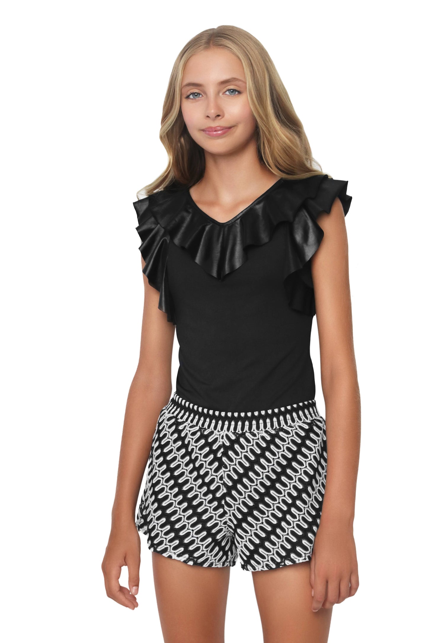 Black Faux Leather Ruffle Bodysuit