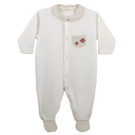 baby holiday outfit, winter baby footie, red snowflake baby sleeper, ivory velour baby pajamas, Christmas baby clothes boutique, newborn holiday one-piece, soft baby footie, Expressions Boutique NY