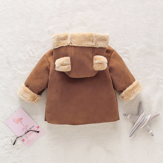 Camel Faux Suede w Fleece Hooded Coat w Fleece Ears