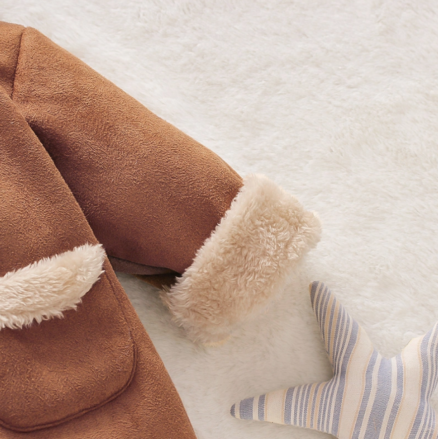 Camel Faux Suede w Fleece Hooded Coat w Fleece Ears