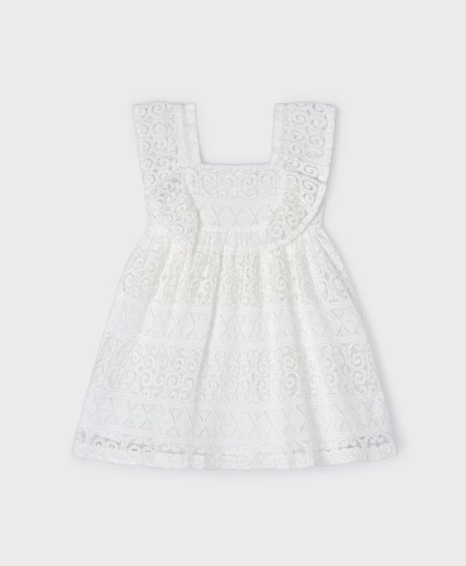 Off White Lace Dress w Ruffle Sleeve